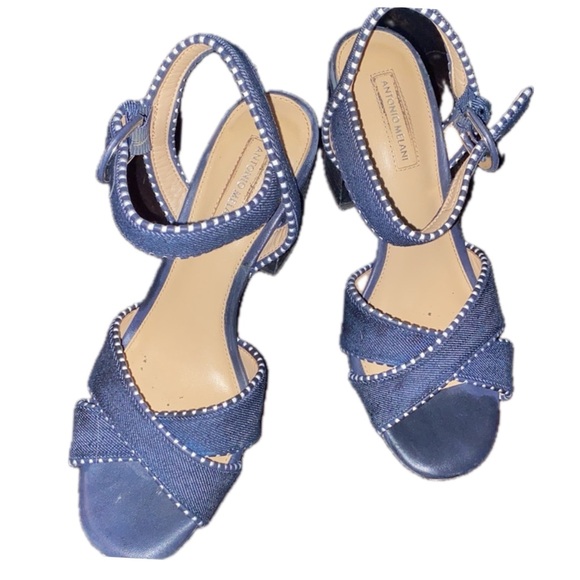 Antonio Melani 8M Denim Ankle Strap Block Heels - Picture 2 of 4